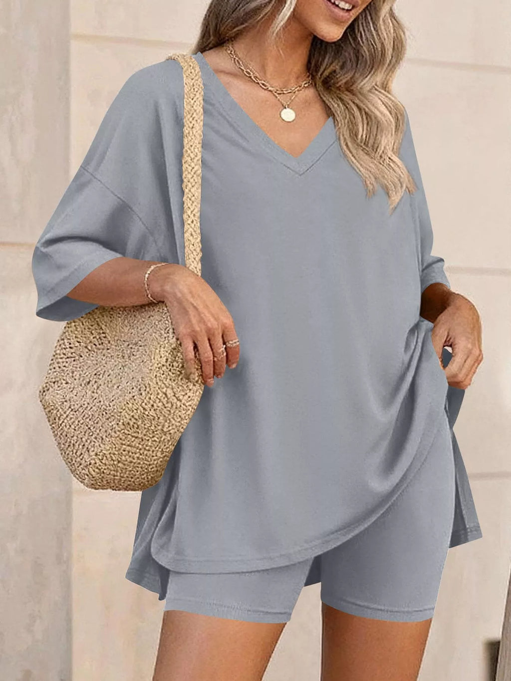 Full Size Casual Loose V-neck T-shirt Shorts Set Plus (18)