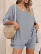 Full Size Casual Loose V-neck T-shirt Shorts Set Plus (18)