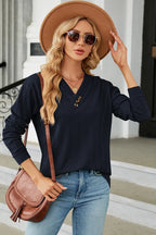 Decorative Button V-neck Long Sleeve T-shirt (8)