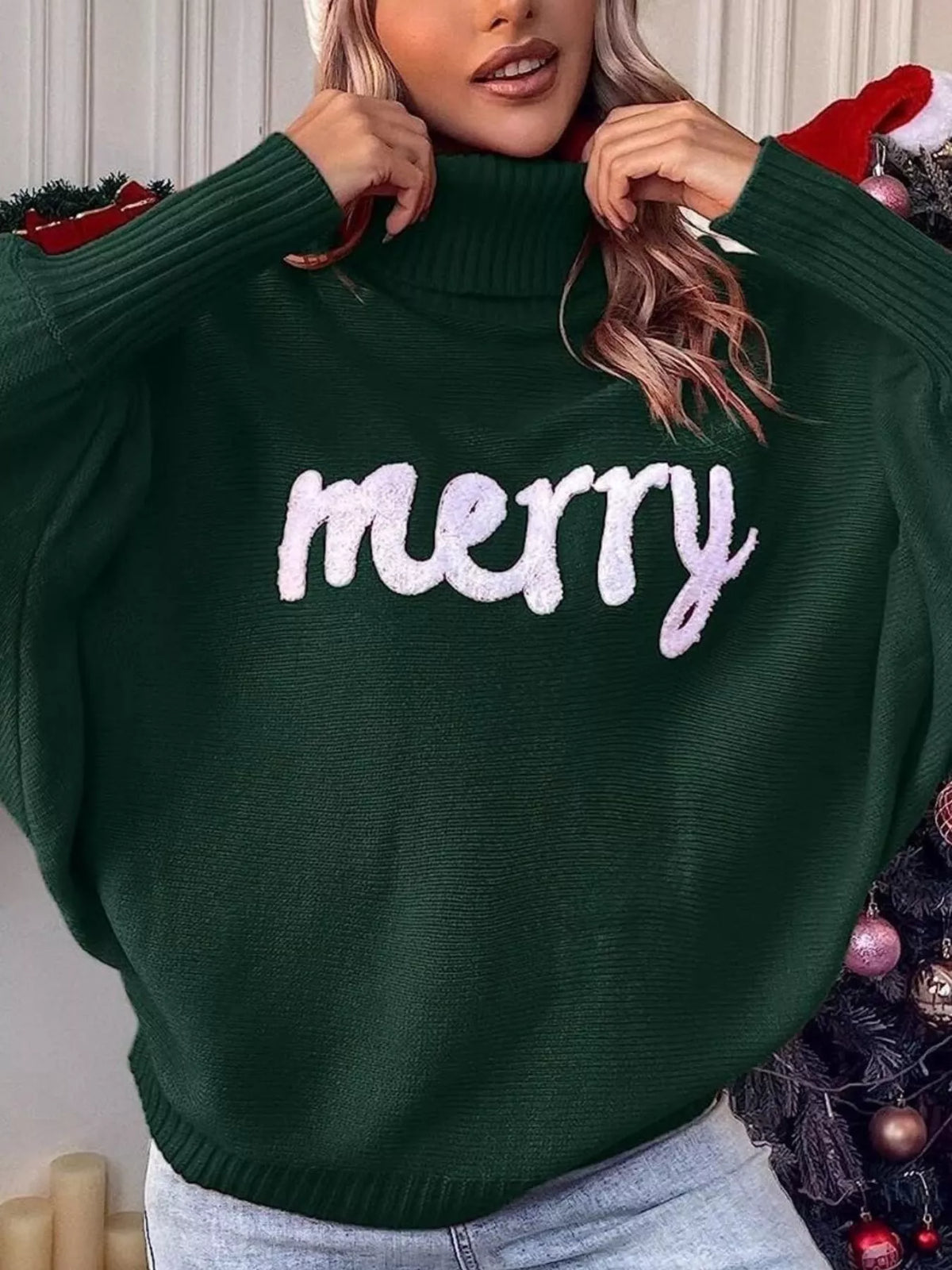 Merry Turtleneck Long Sleeve Christmas Sweater (5)