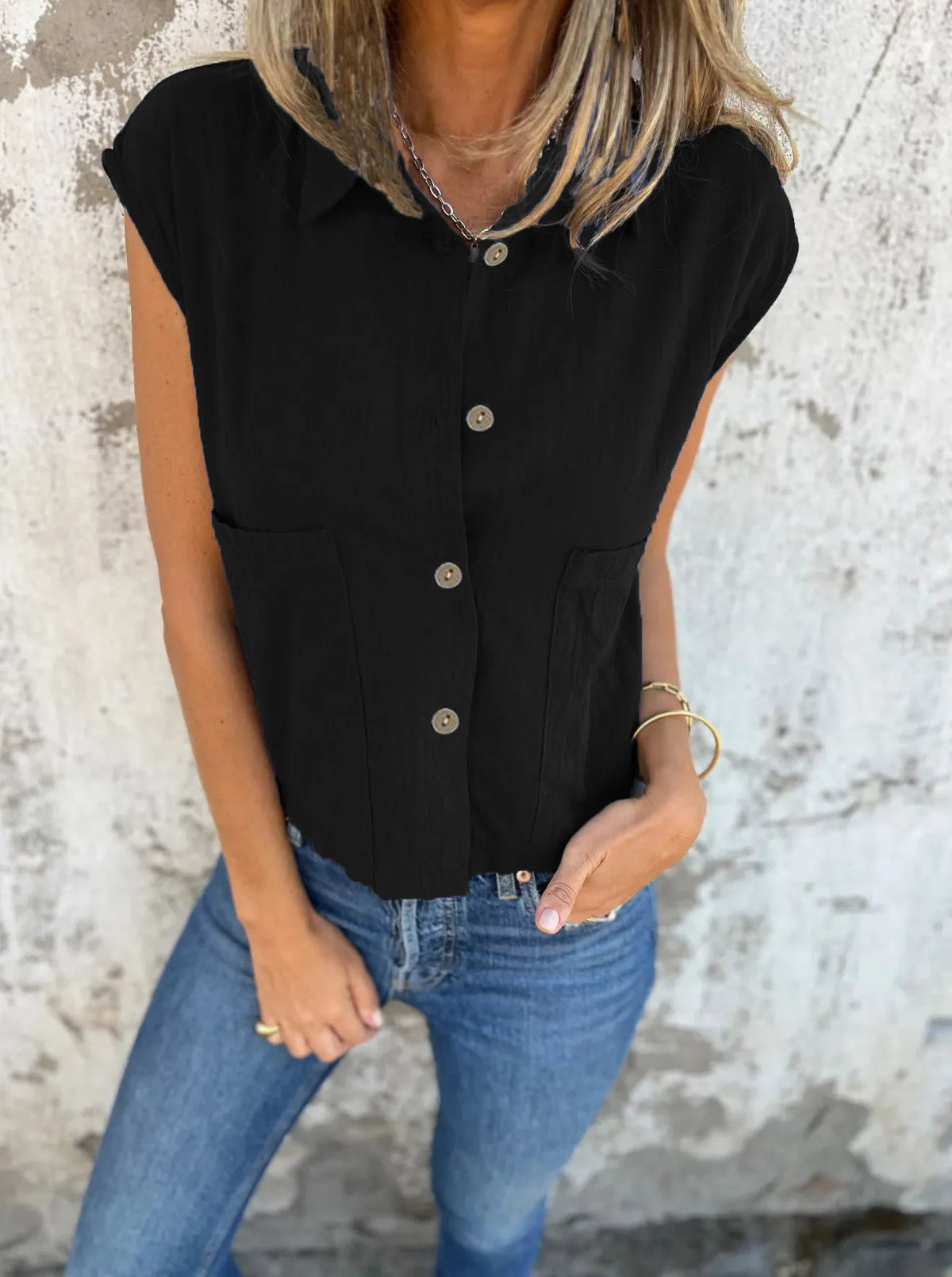 Full Size Button Down Cap Sleeve Linen Shirt Plus (7)