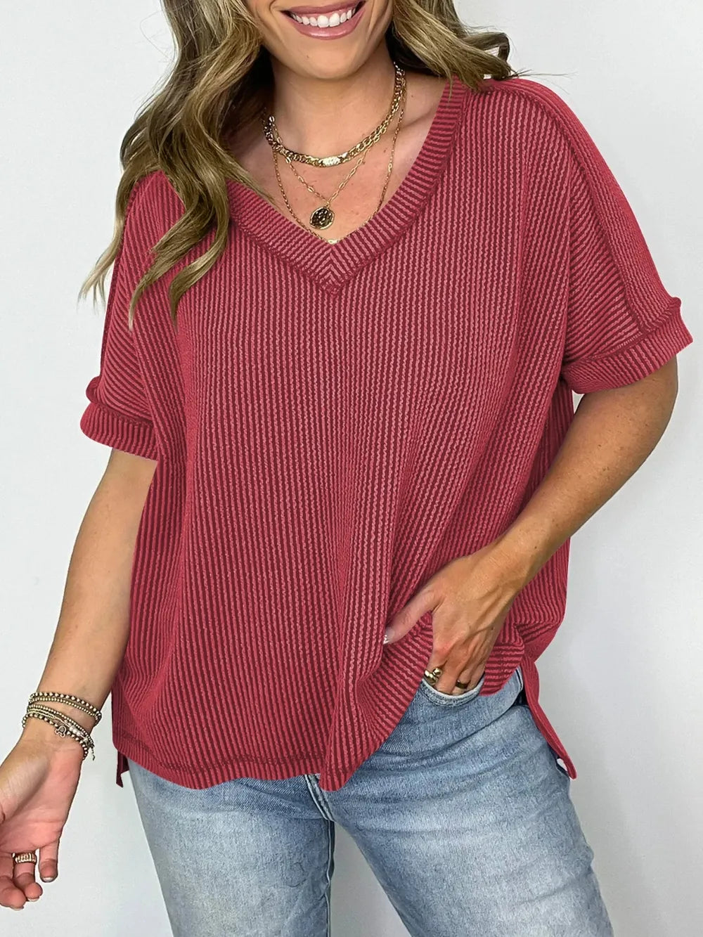 Cord Ribbed V-neck Short Sleeve T-shirt (7)