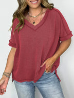 Cord Ribbed V-neck Short Sleeve T-shirt (7)