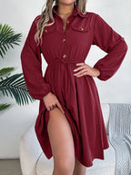 Collared Neck Long Sleeve Dress Pockets (9)