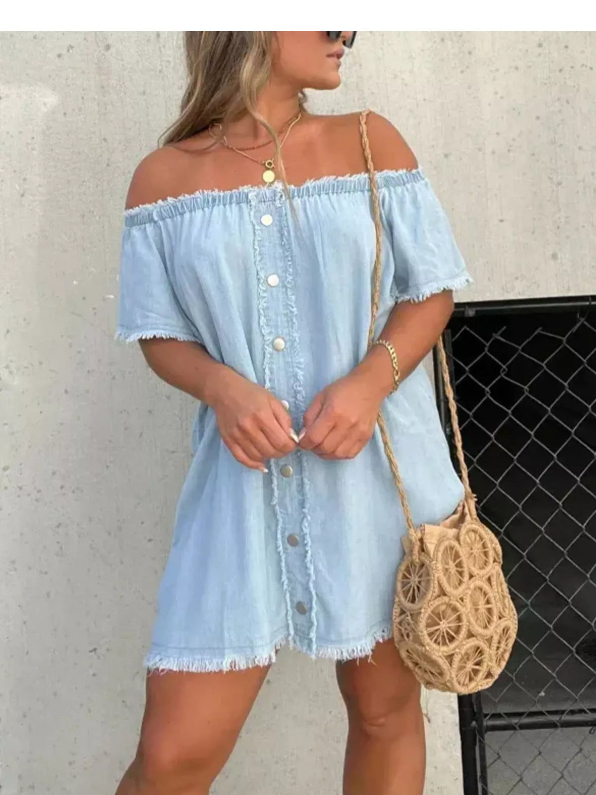 Full Size Off-shoulder Button-down Frayed Denim Dress Plus