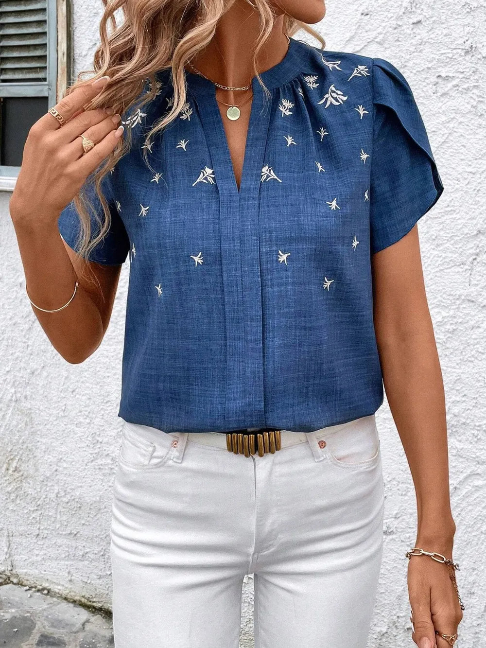 Floral Notched Short Sleeve Blouse (12)