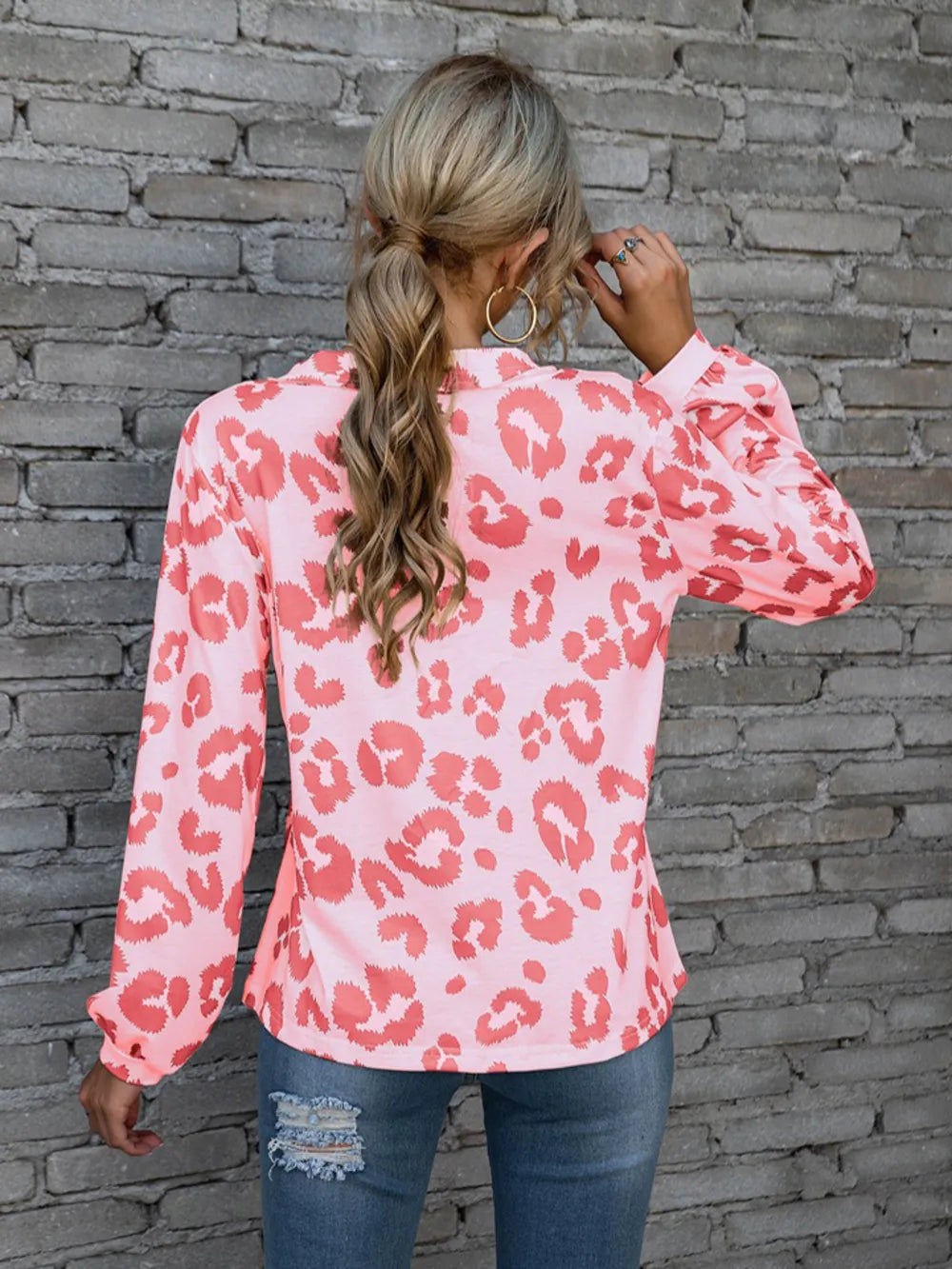 Leopard V-neck Decorative Button Long Sleeve Blouse (10)