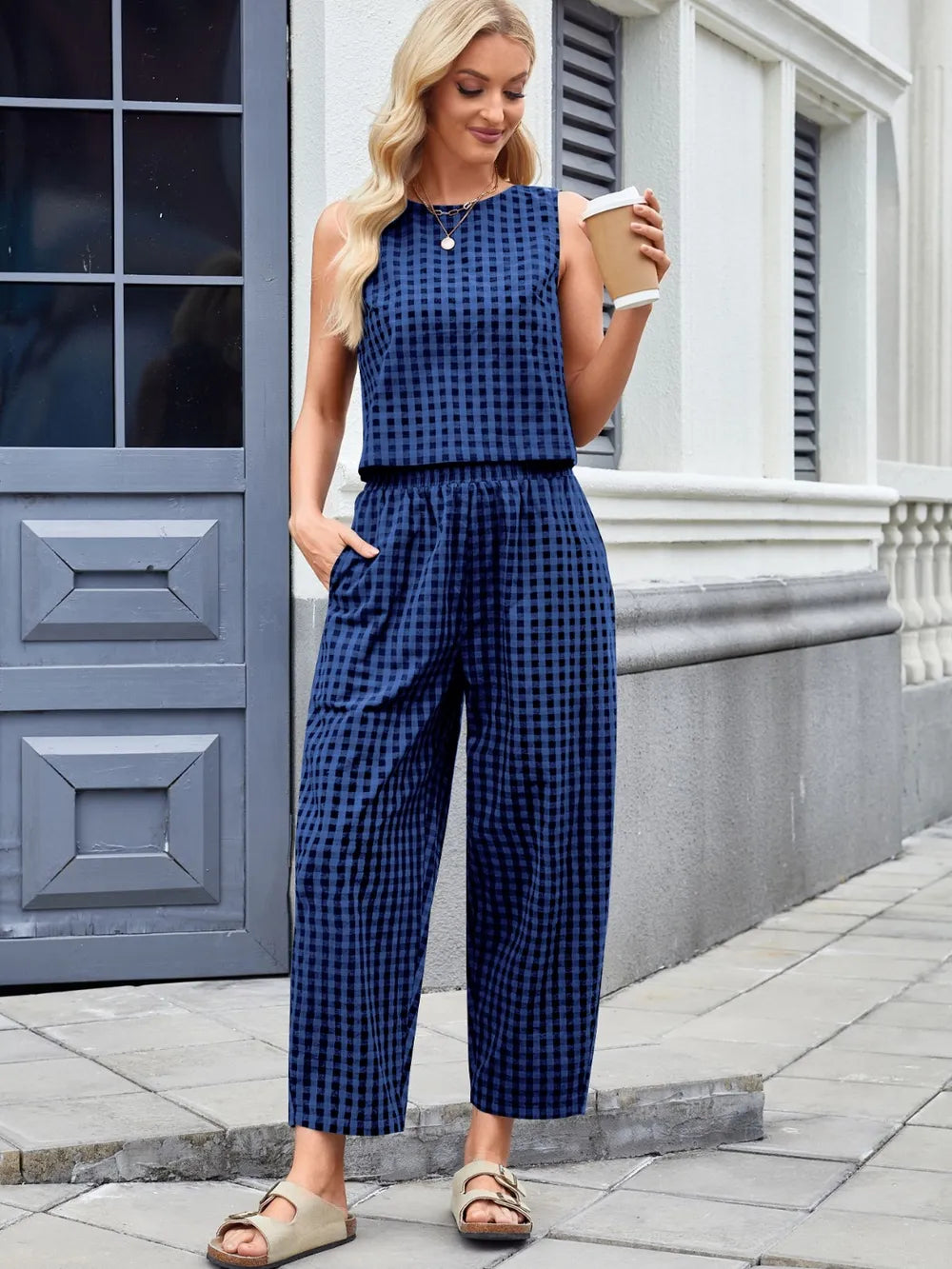 Plaid Sleeveless Top Pants Set