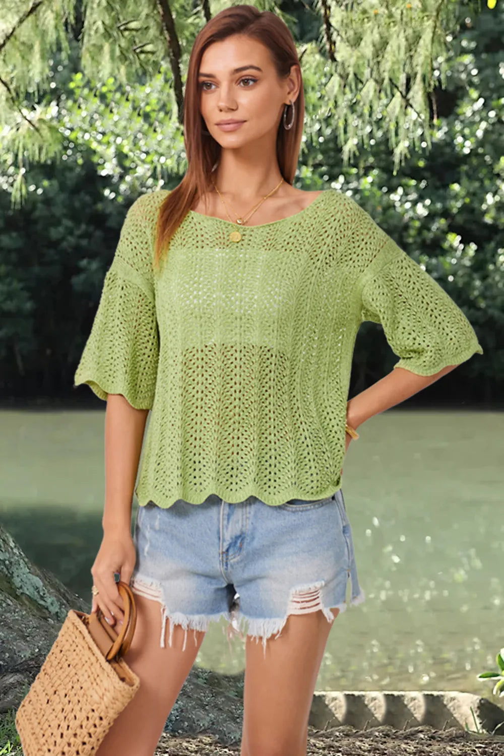 Openwork Round Neck Half Sleeve Knit Top (10)