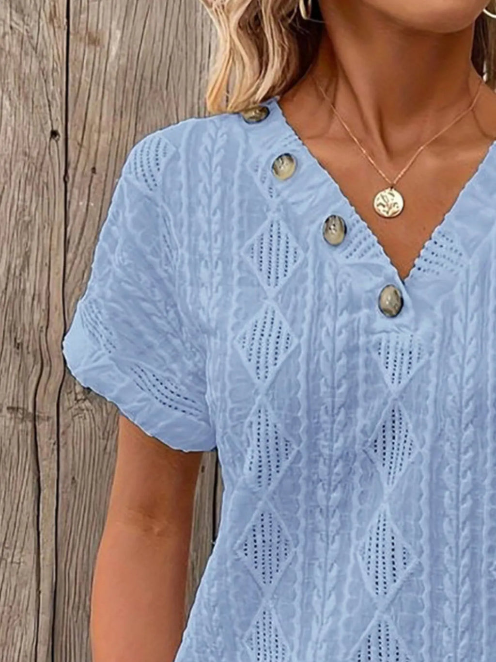 Textured V-neck Short Sleeve Top (17)