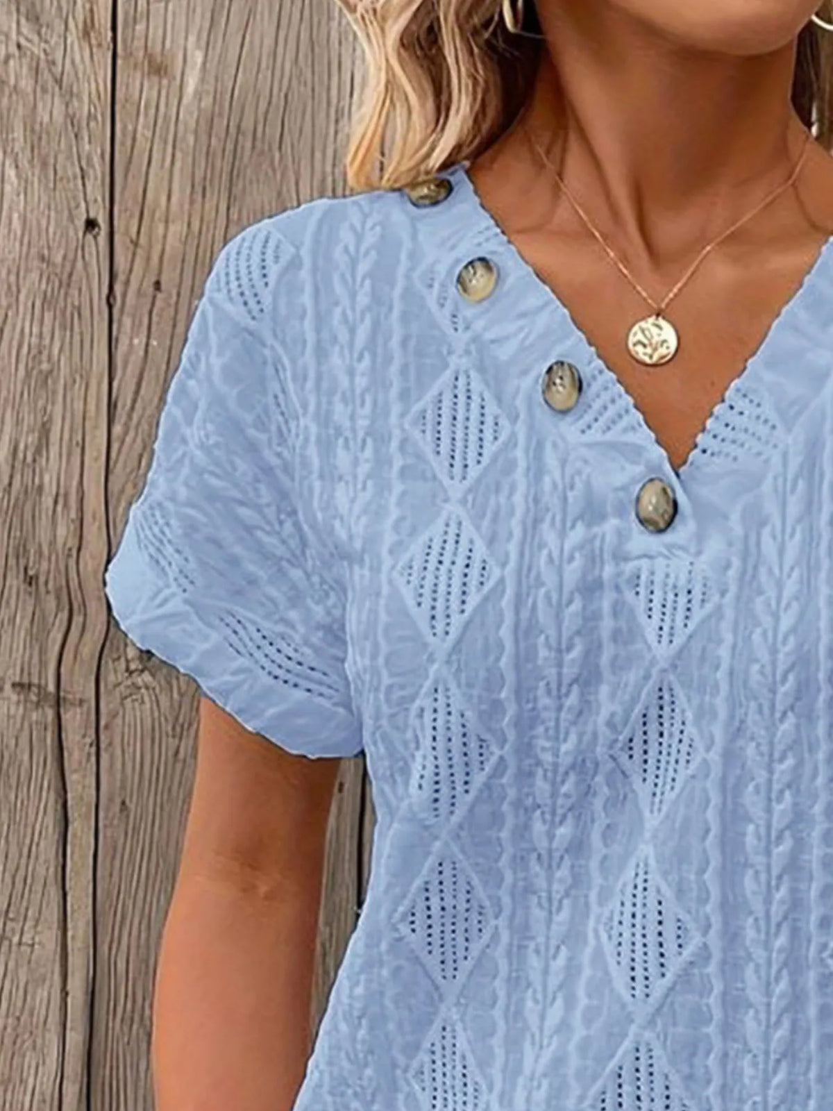 Textured V-neck Short Sleeve Top (17)