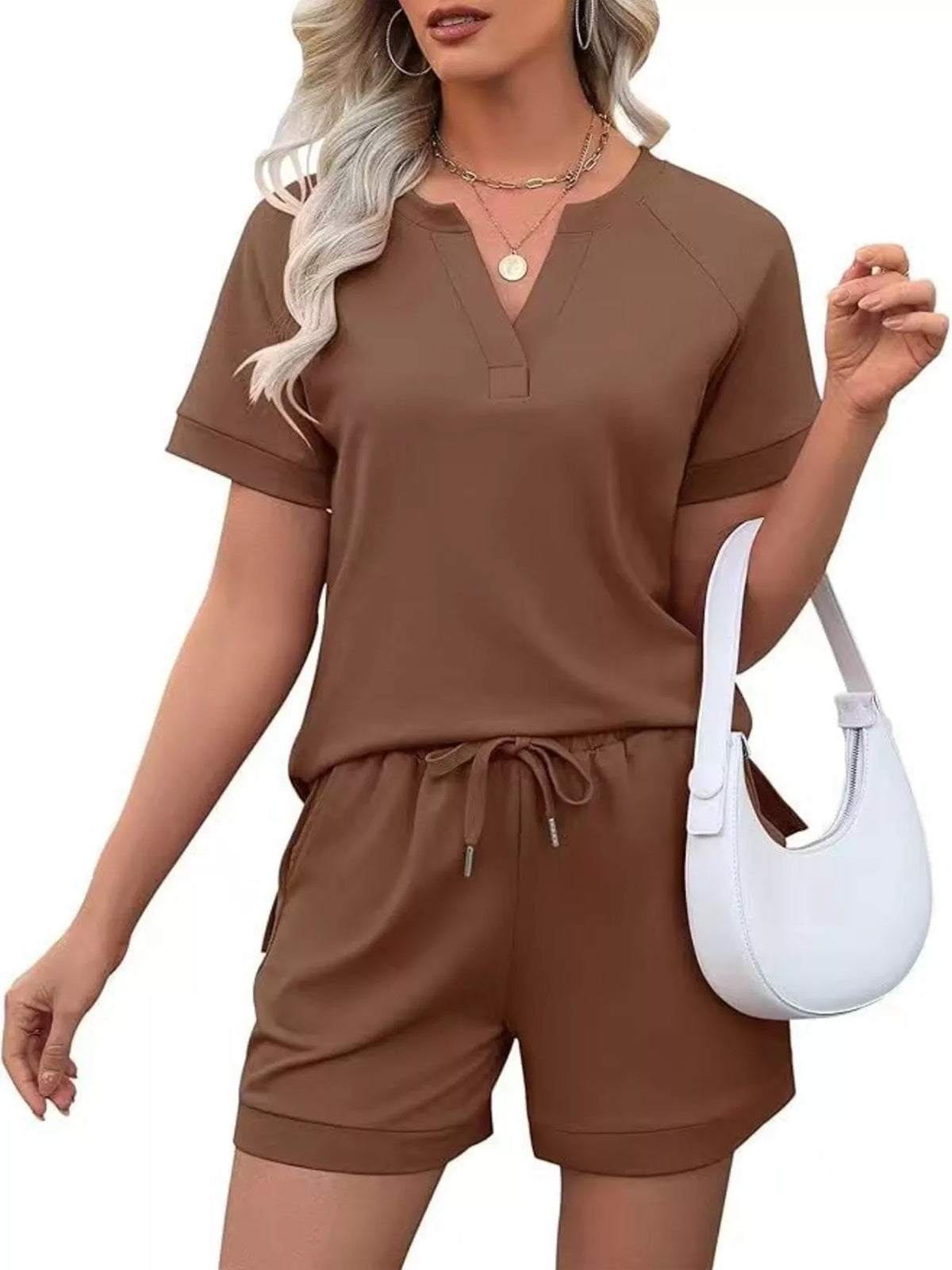 Solid Color Short Sleeve Top Shorts Two-piece Set (15)