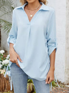Drawstring Johnny Collared Three-quarter Sleeve Top (11)