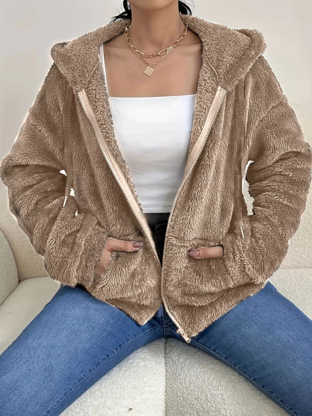 Drawstring Fleece Zip-up Outerwear (7)