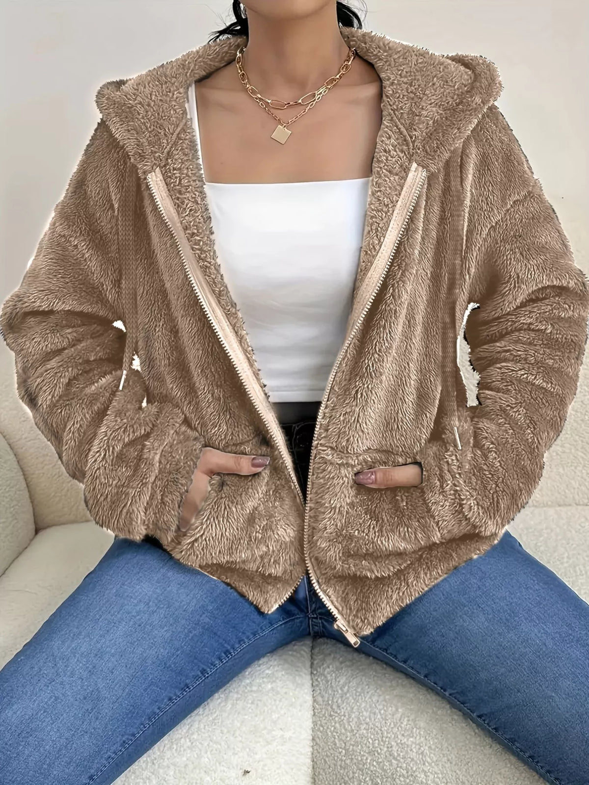 Drawstring Fleece Zip-up Outerwear (7)