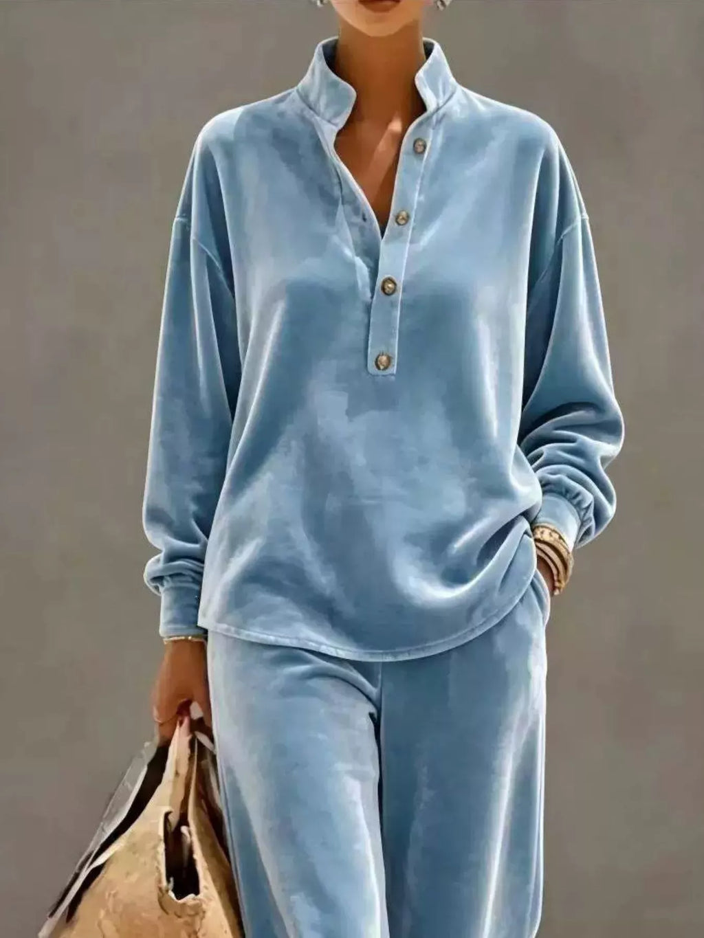 Full Size Half Button Top Wide Leg Pants Set Plus (2)
