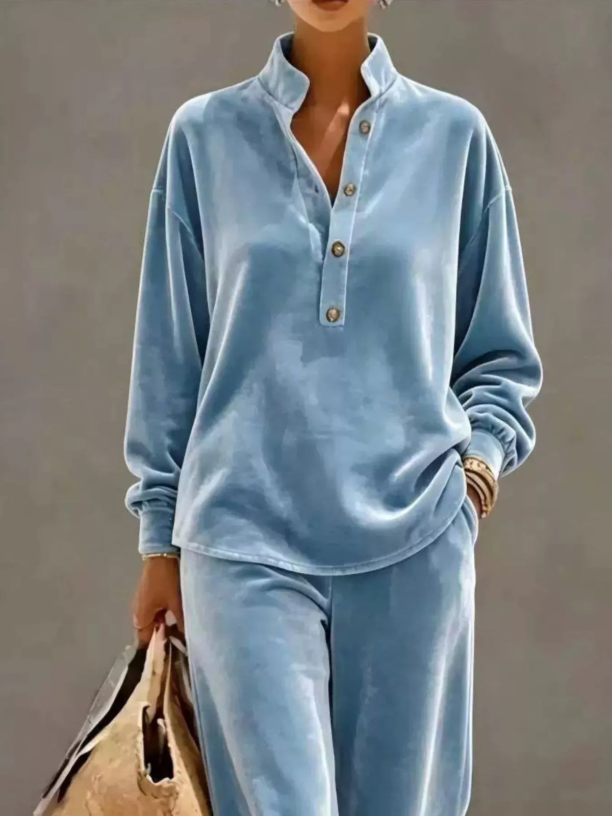 Full Size Half Button Top Wide Leg Pants Set Plus (2)