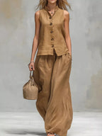 Sleeveless Button-down Top Wide-leg Pant Set