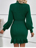Cable Knit Mock Neck Ruffle Hem Sweater Dress (7)