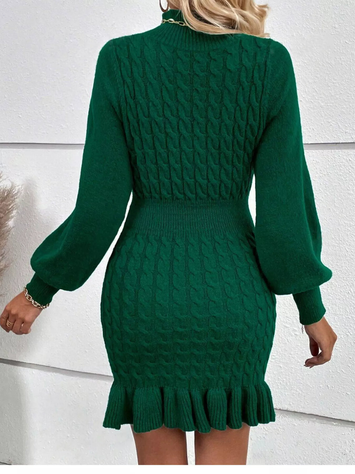 Cable Knit Mock Neck Ruffle Hem Sweater Dress (7)