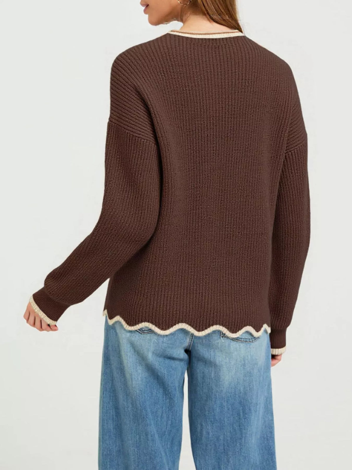 Contrast Trim Scalloped Hem Ribbed Knit Sweater (3)