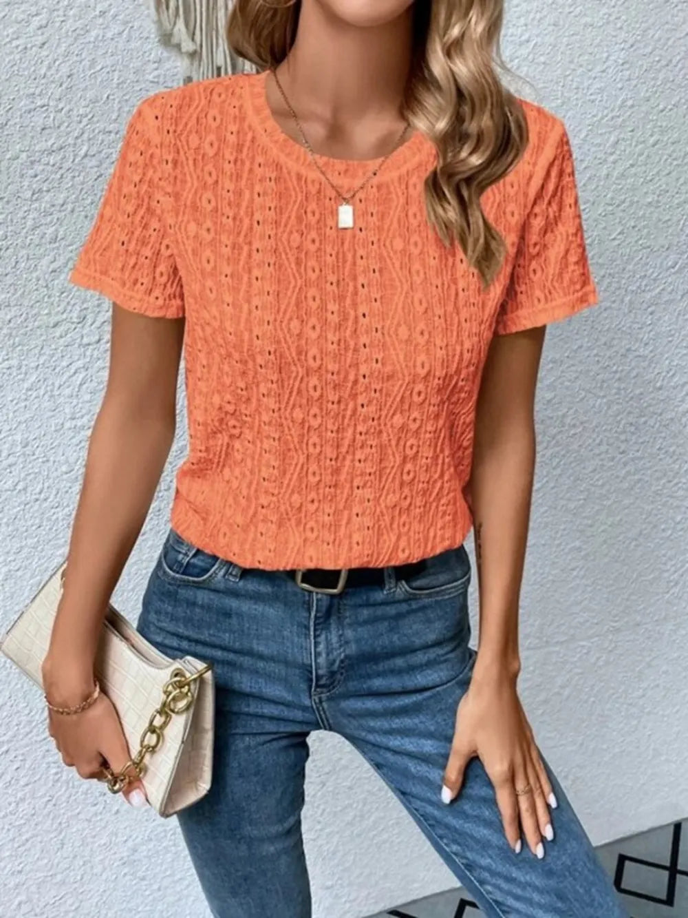 Eyelet Round Neck Short Sleeve T-shirt (13)