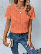 Eyelet Round Neck Short Sleeve T-shirt (13)