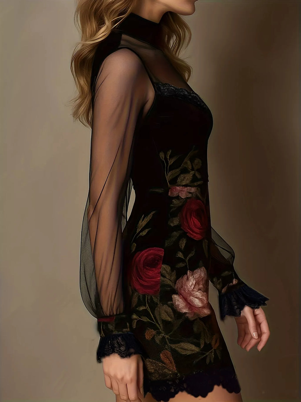 Floral Velvet Mini Dress Sheer Mesh Sleeves (10)
