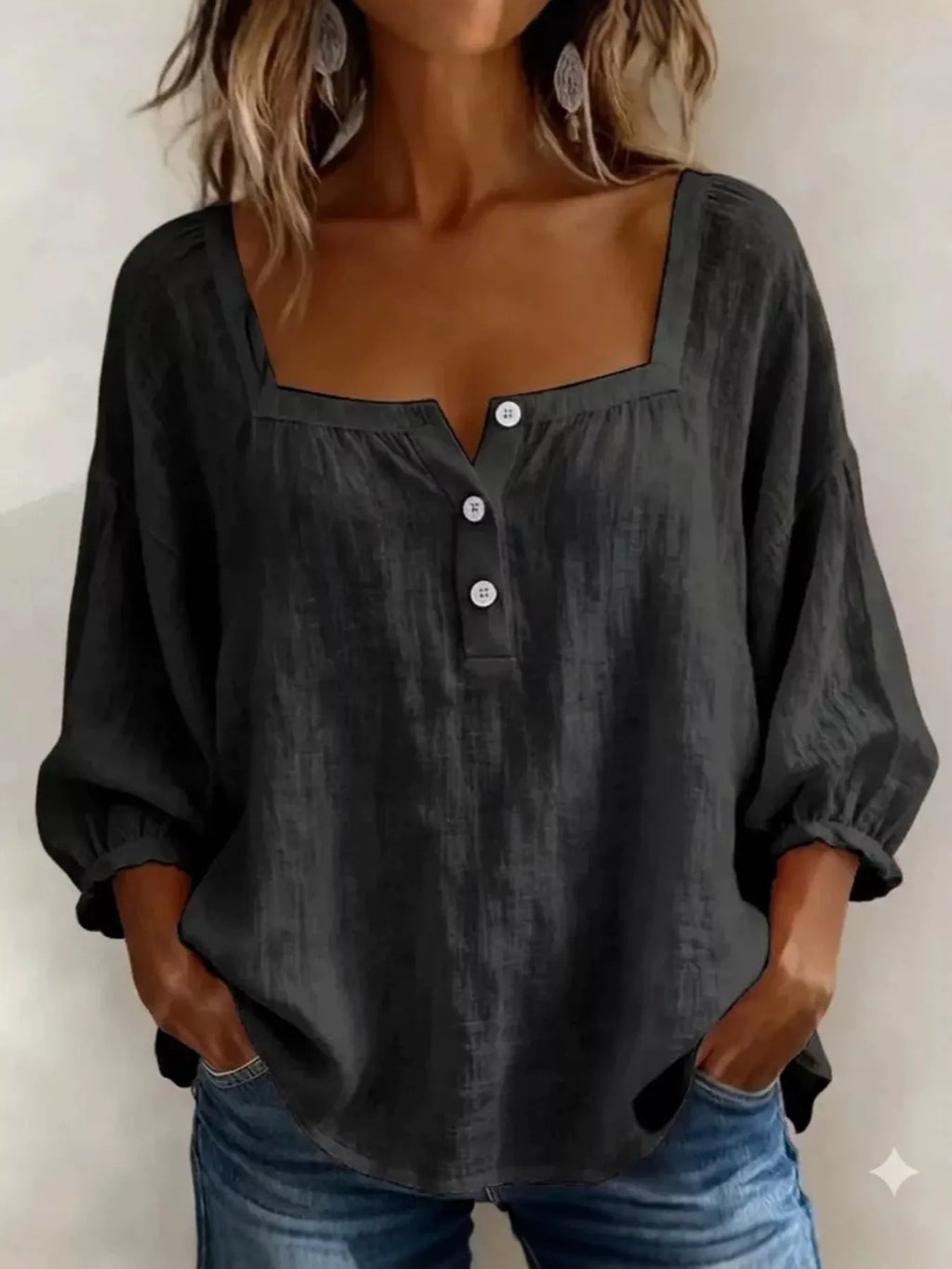 Full Size Square Neck Button Detail Blouse Plus