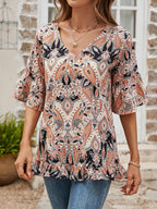 Printed Flounce Sleeve Ruffle Hem Blouse (11)