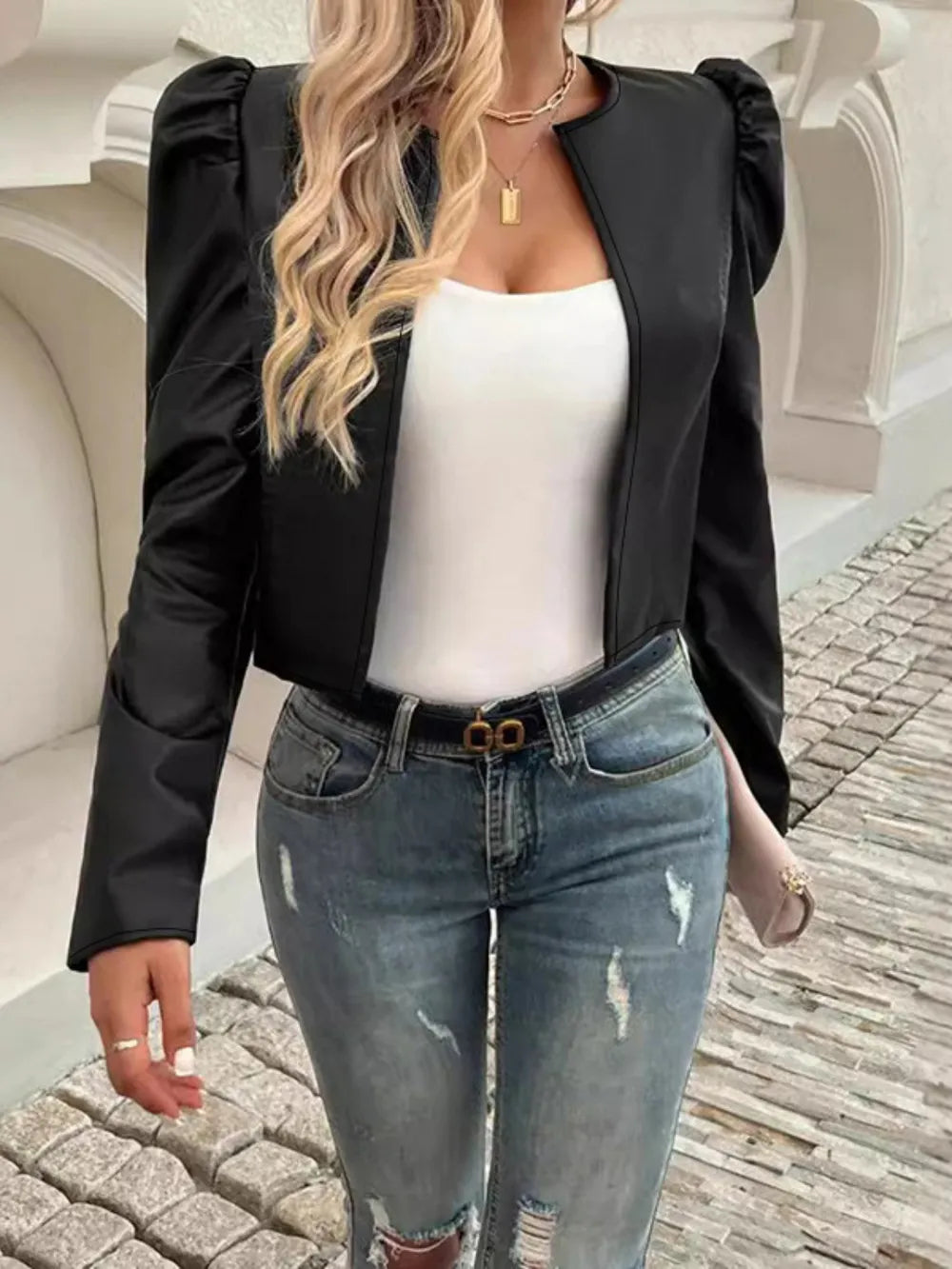 Pu Leather Open Front Puff Sleeve Jacket (7)