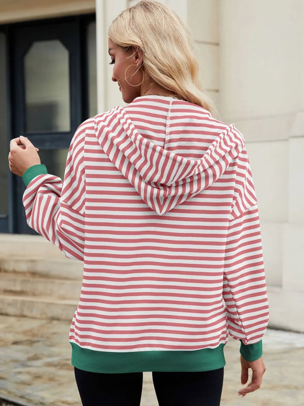 Drawstring Striped Zip Up Long Sleeve Hoodie (16)