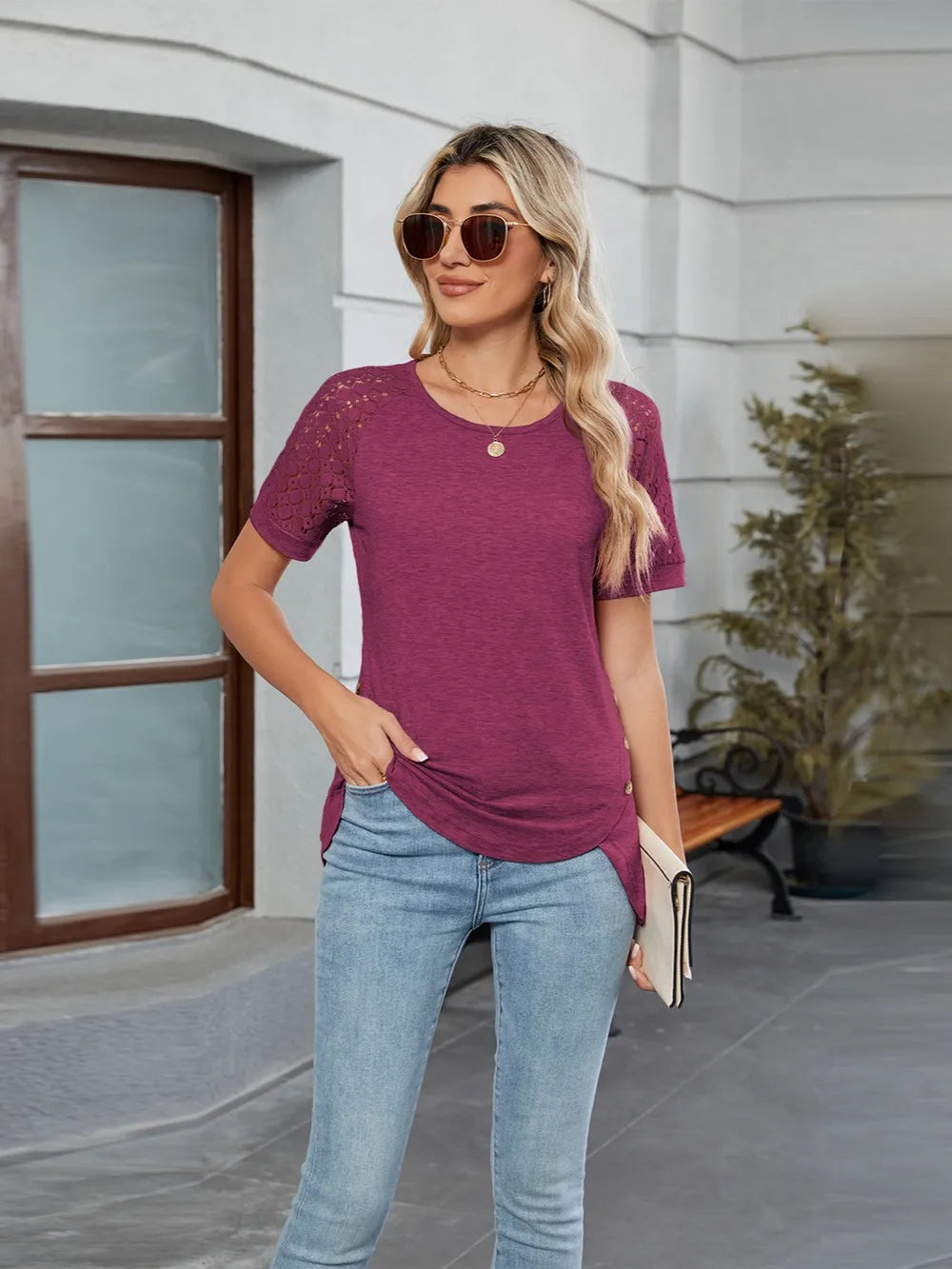 Round Neck Lace Short Sleeve T-shirt (25)