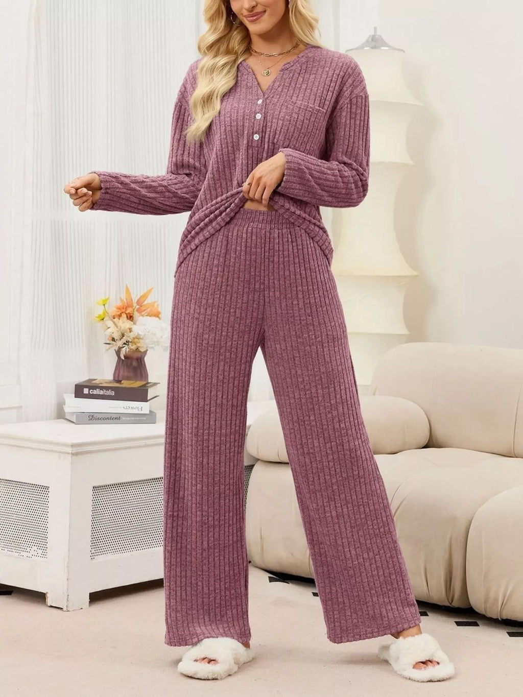 Ribbed Knit Top Wide-leg Pants Set (18)