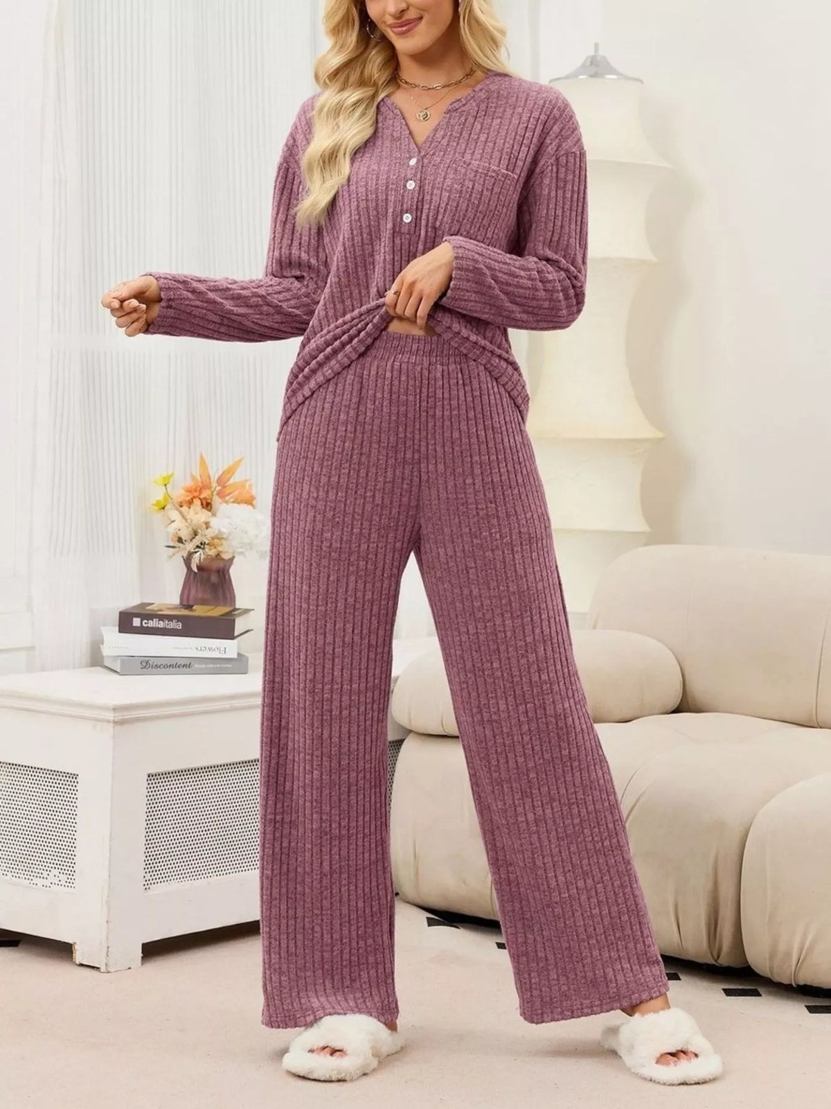 Ribbed Knit Top Wide-leg Pants Set (18)