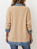 Full Size Denim Trim Ribbed Knit Cardigan Plus (34)