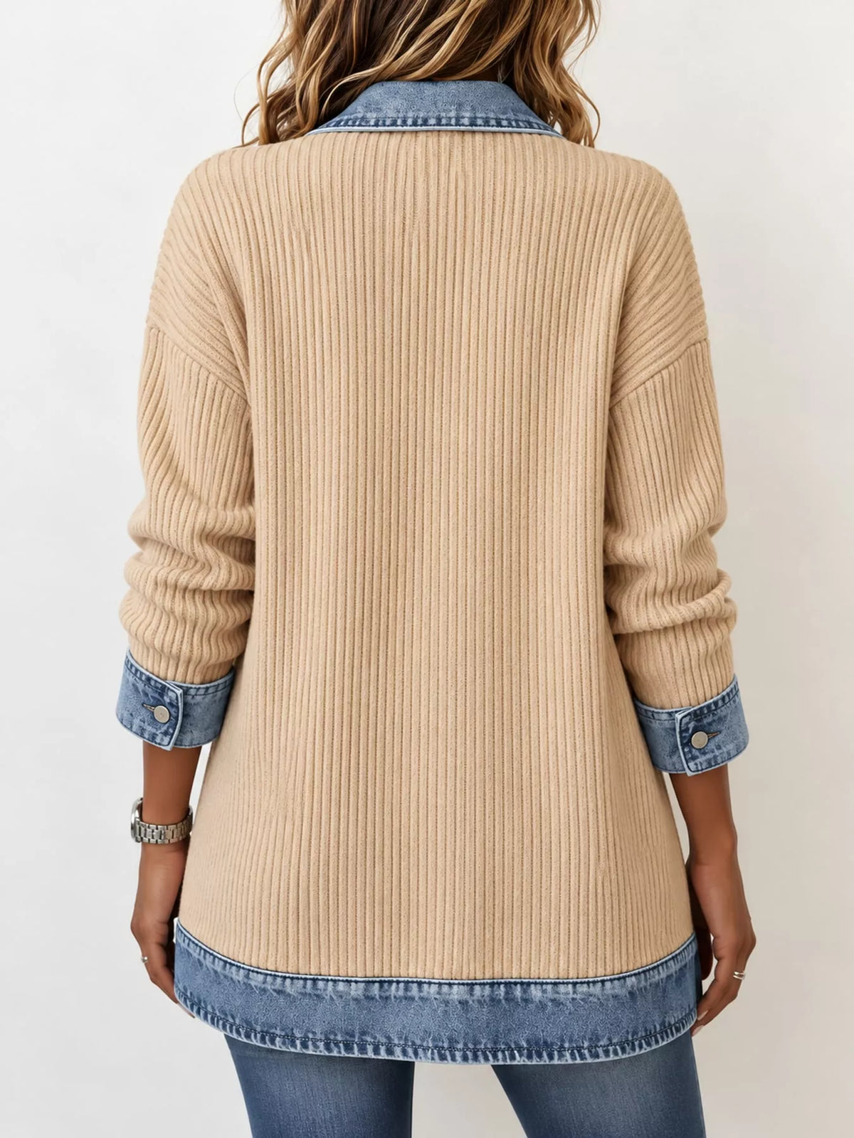 Full Size Denim Trim Ribbed Knit Cardigan Plus (34)