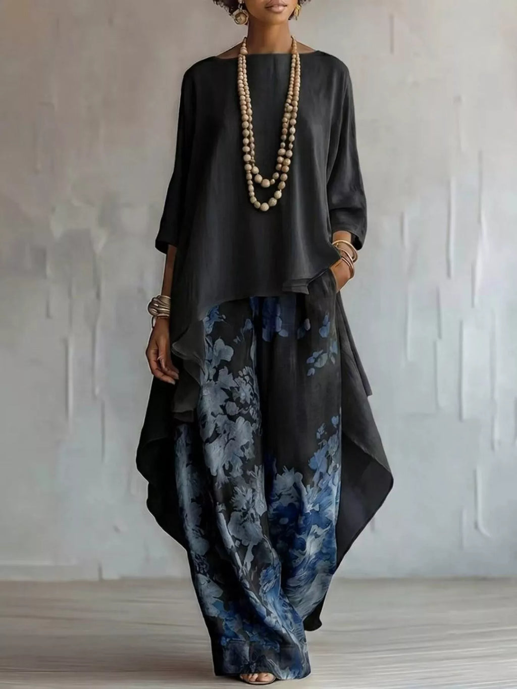 Asymmetrical Hem Top Floral Pants Set (3)