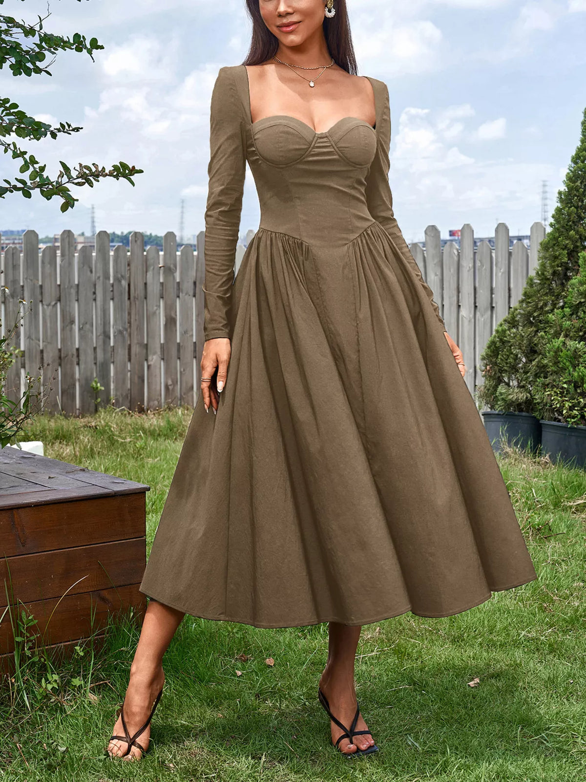 Sweetheart Neckline Long Sleeve A-line Midi Dress (12)