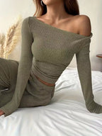 Ribbed Knit Boat Neck Top Pants Set (17)