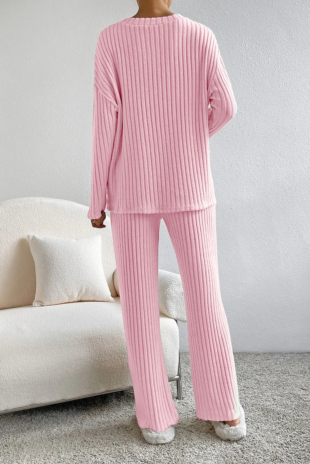 Ribbed V-neck Top Pants Lounge Set (13)