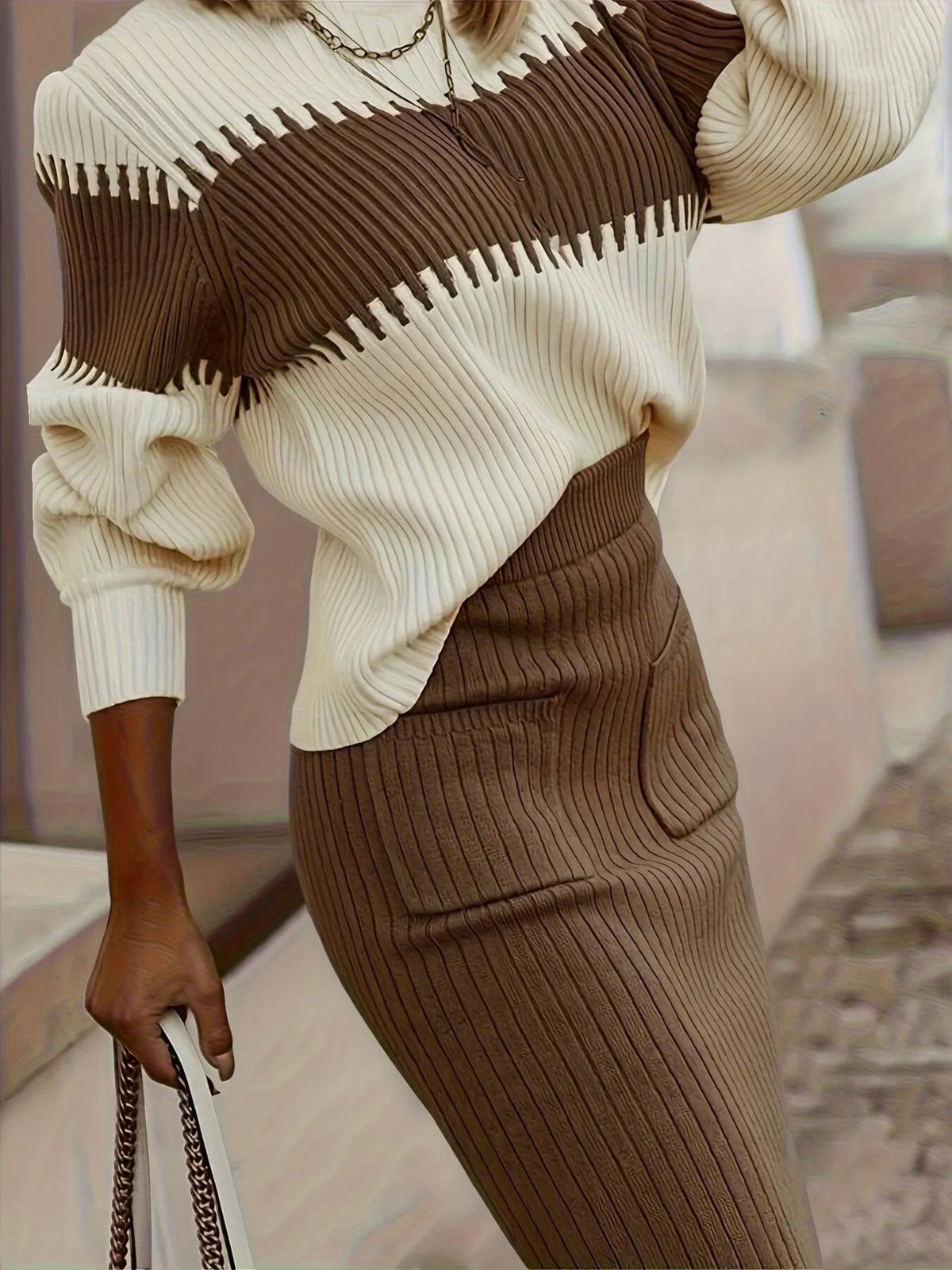 Two-tone Ribbed Knit Top Skirt Sweater Set (14)