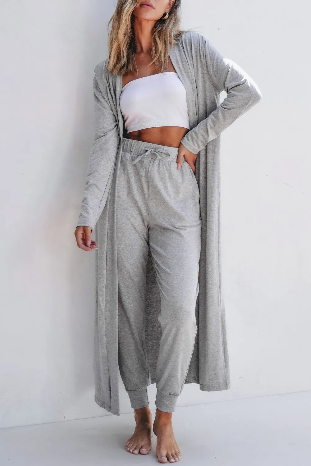 Open Front Long Sleeve Cardigan Pants Lounge Set