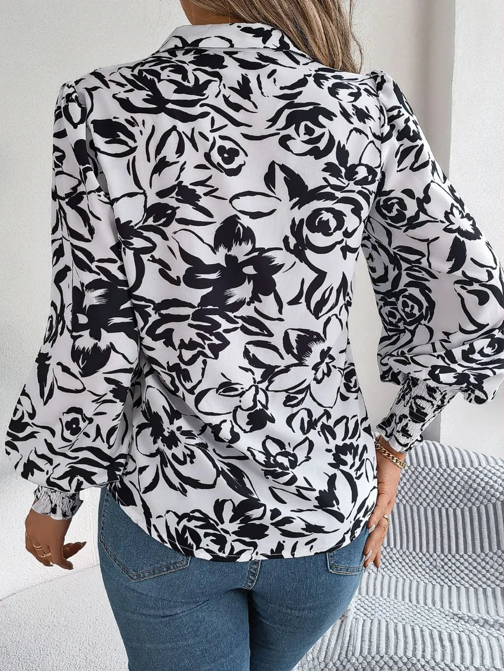 Printed Collared Neck Lantern Sleeve Shirt (8)