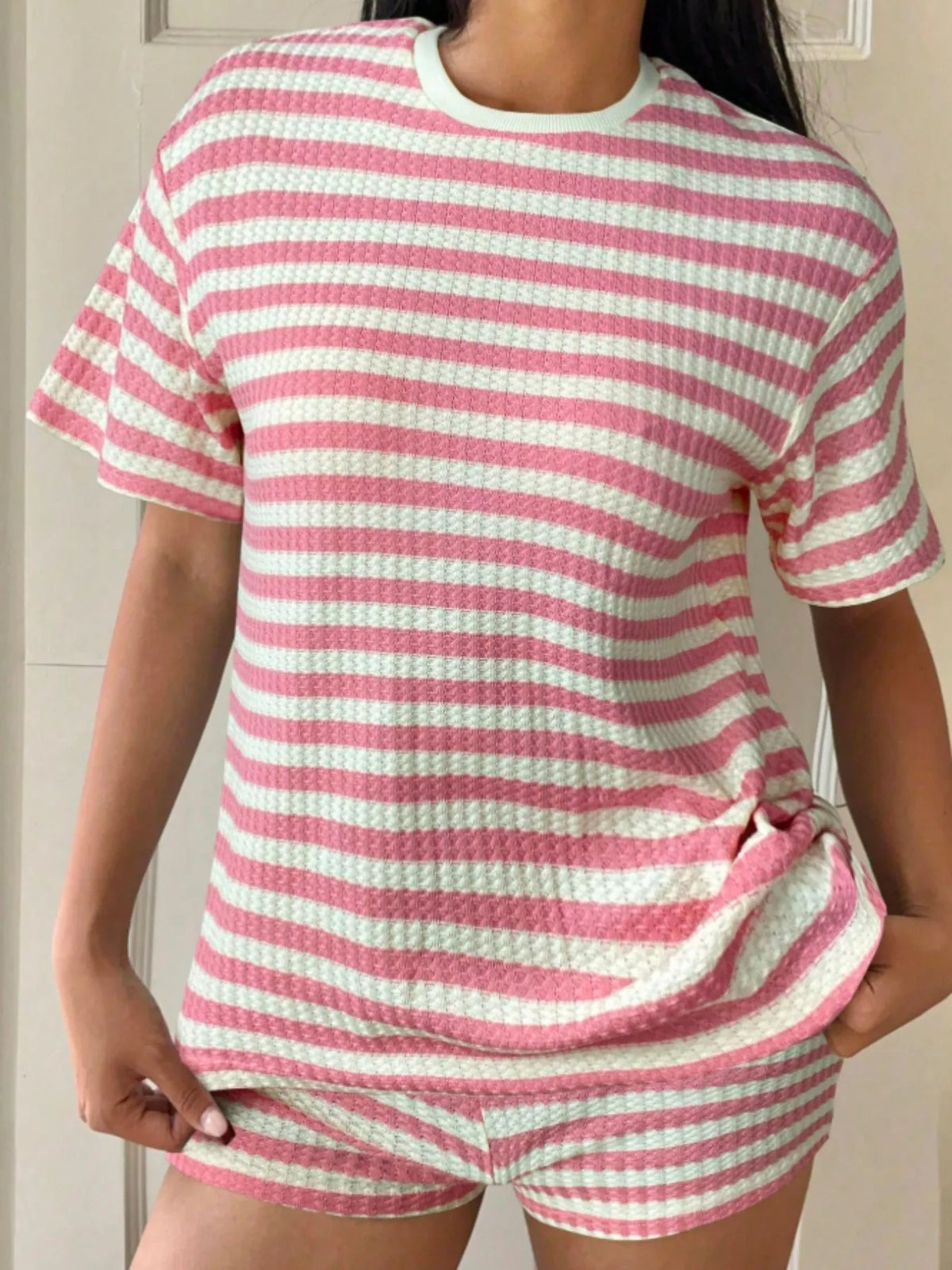 Striped Round Neck Top Shorts Set (12)