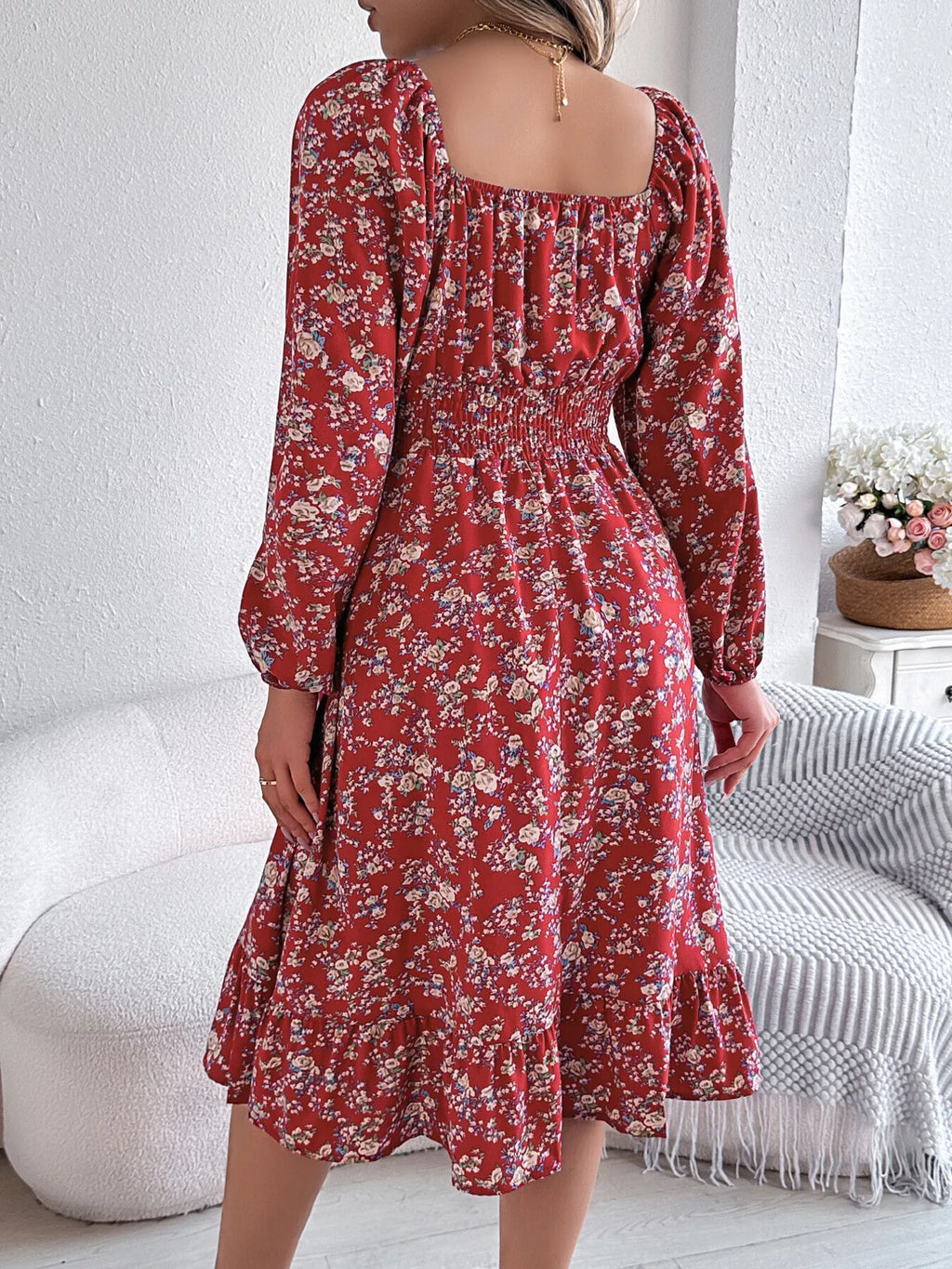 Floral Print Long Sleeve Square Neck Midi Dress (18)