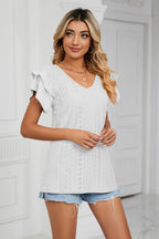 Eyelet Layered Flutter Sleeve V-neck Knit Top (20)