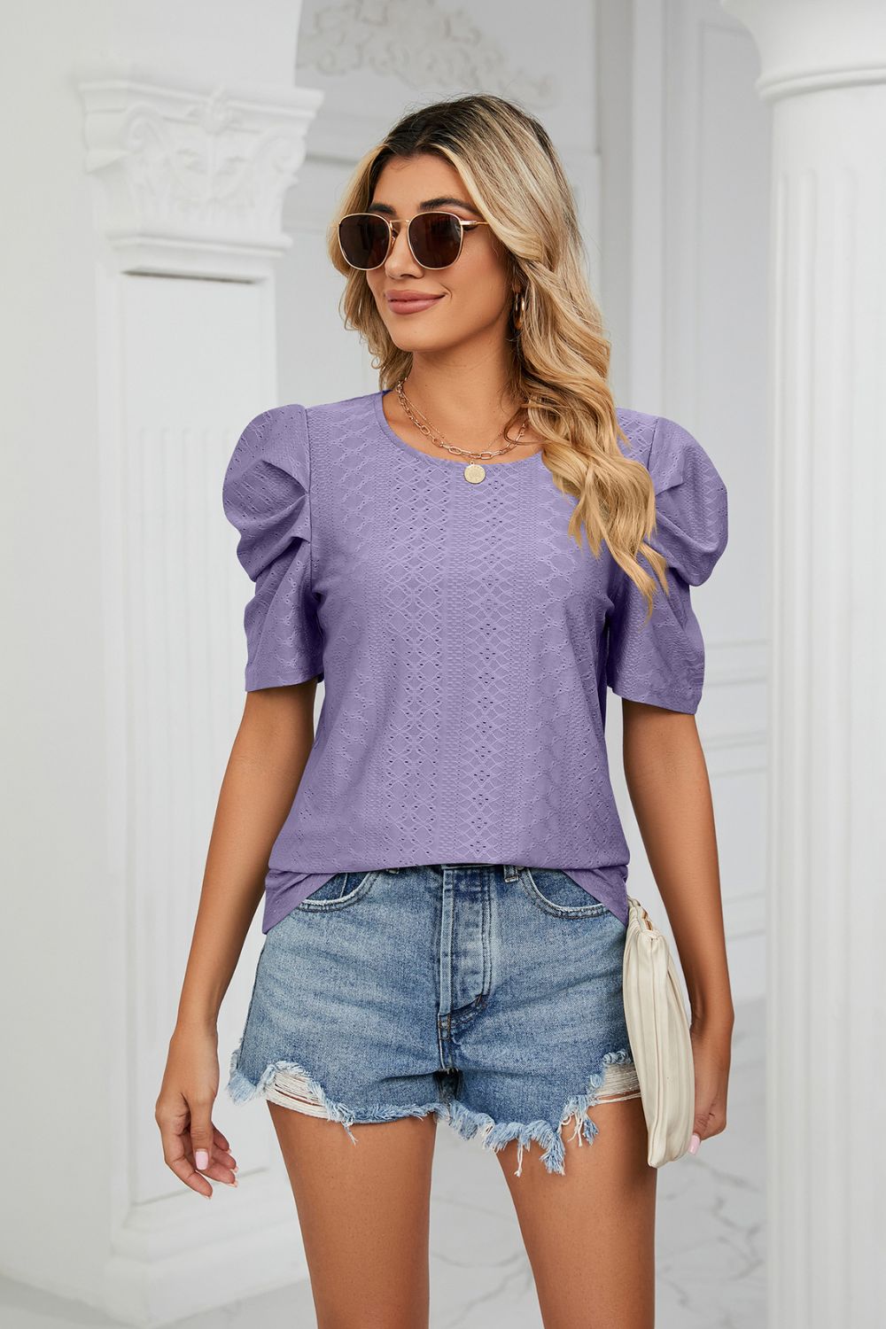 Eyelet Puff Sleeve Round Neck Blouse (4)
