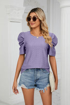 Eyelet Puff Sleeve Round Neck Blouse (4)