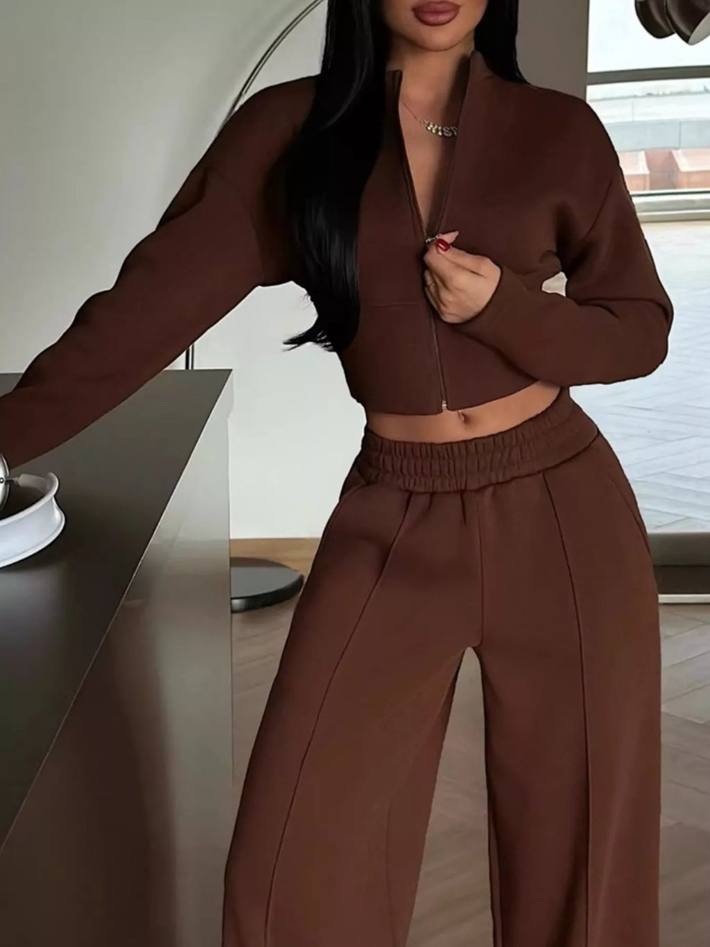 Zip-up Crop Jacket Wide-leg Pants Set (12)